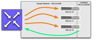 Diagram showing three servers connected to an access network, and the
same IP address bound to the loopback on all three servers.